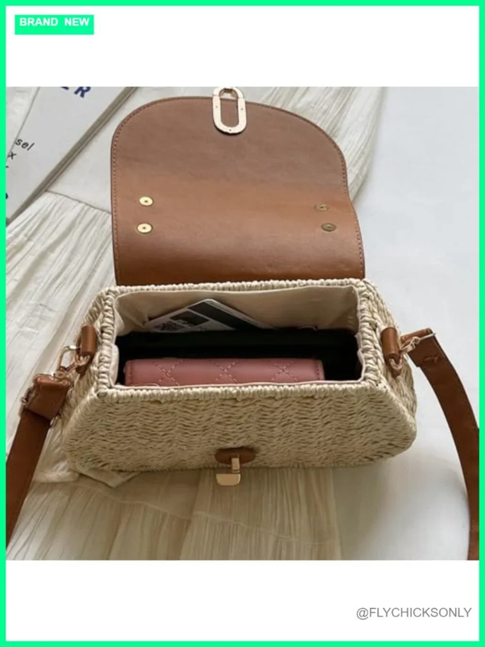 Small Natural Straw Woven Satchel Crossbody with Flap and Gold Buckle